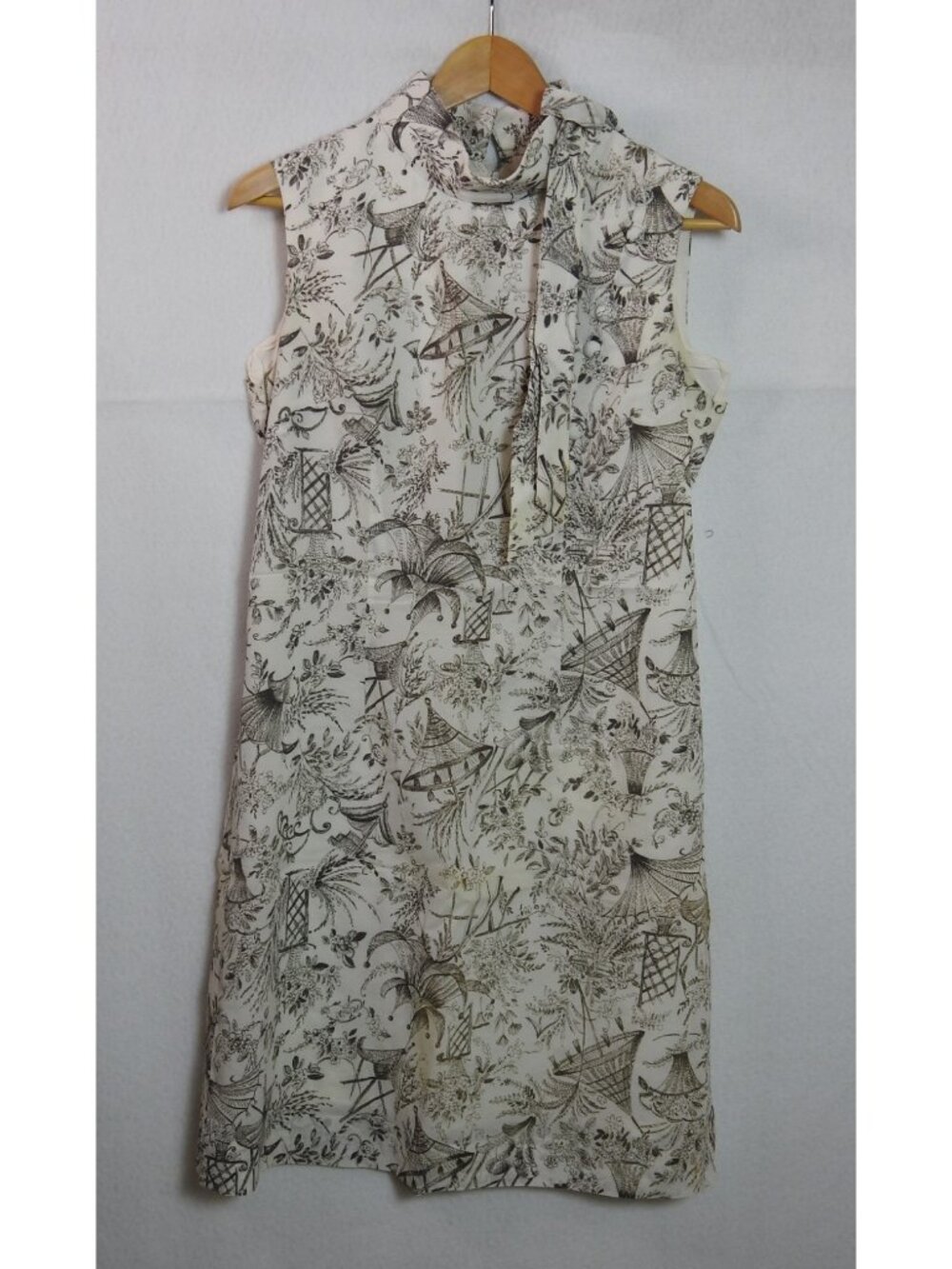 VTG Black White Toile Print Sleeveless Shift Dress Scarf Tie Cottagecore Sz Med - Picture 2 of 12